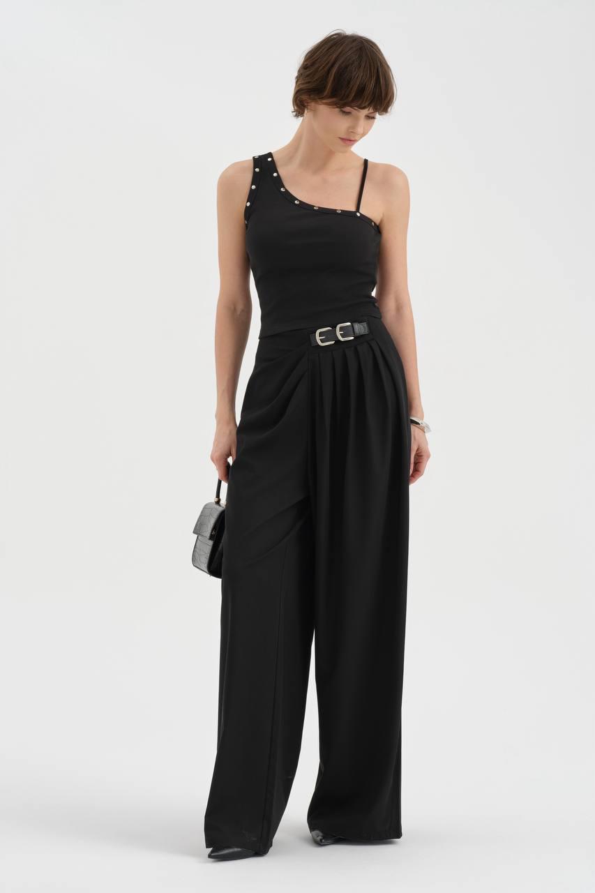 Women’s Black Pleated Wide Leg Trousers - Image 3