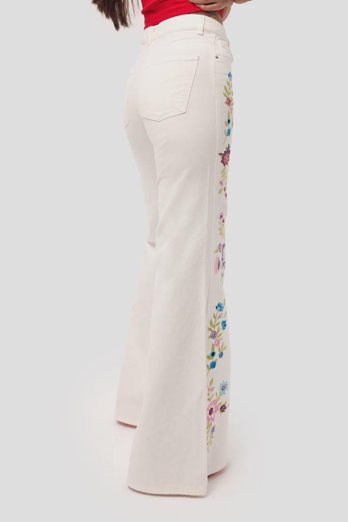 Women’s White Floral Embroidered Flare Jeans - Image 3