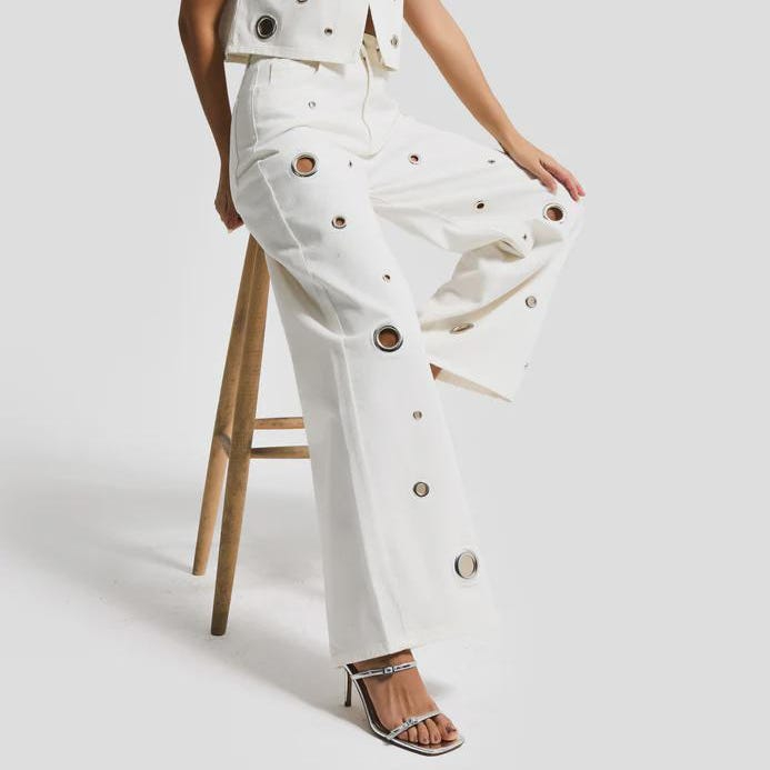 Women’s White Grommet Wide Leg Jeans - Image 3