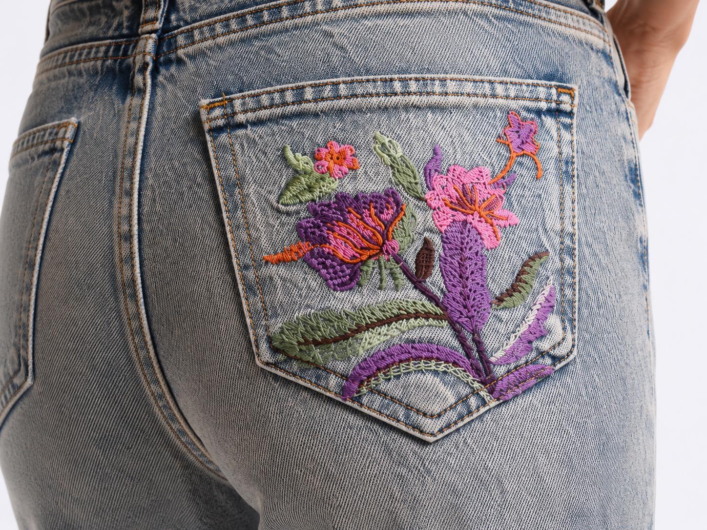 Women’s Grey Floral Embroidered Jeans - Image 3