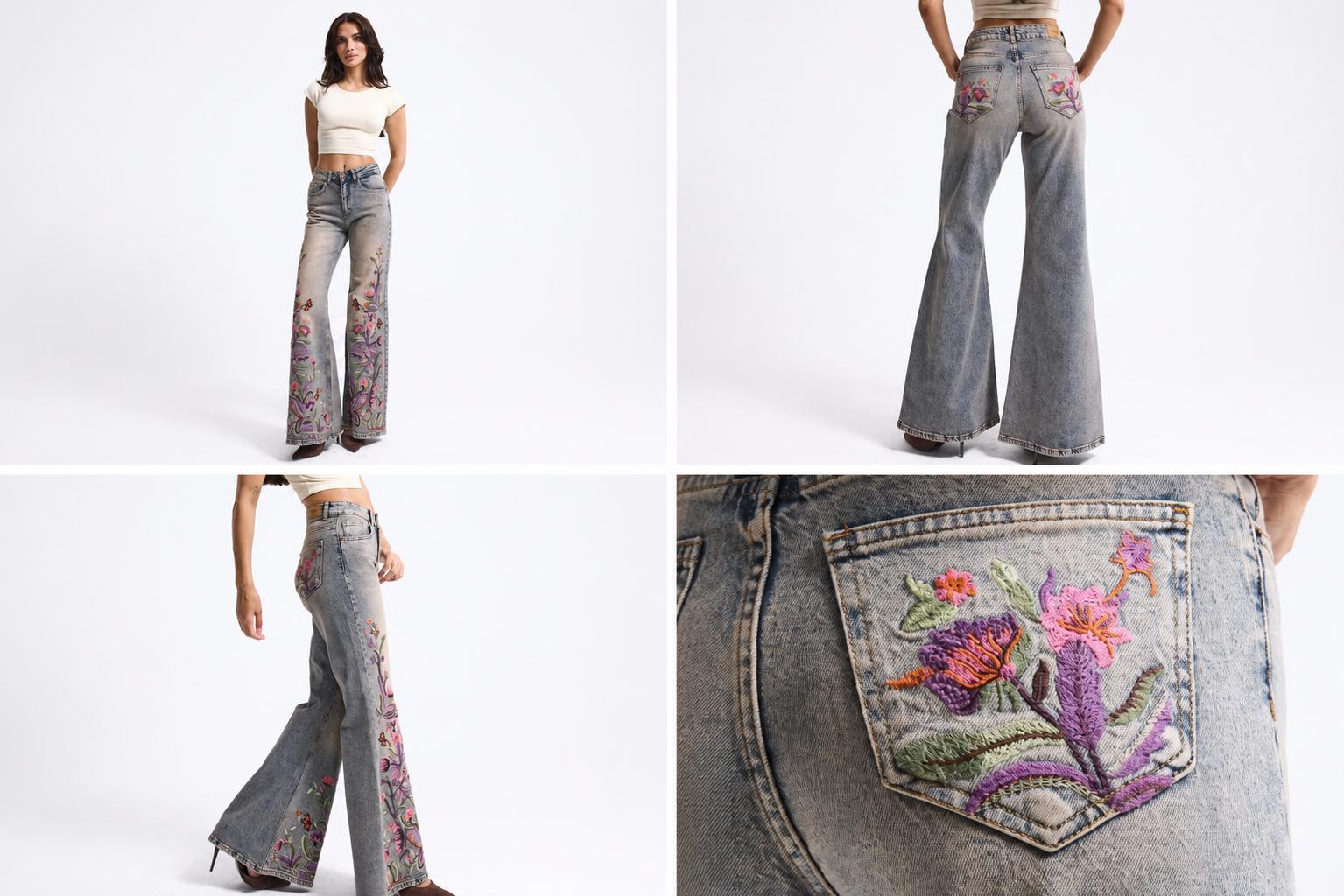 Women’s Grey Floral Embroidered Jeans - Image 2