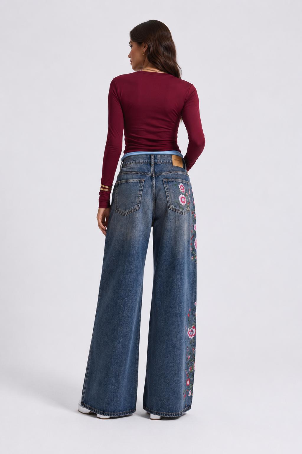 Women’s Dark Wash Floral Embroidered Jeans - Image 4
