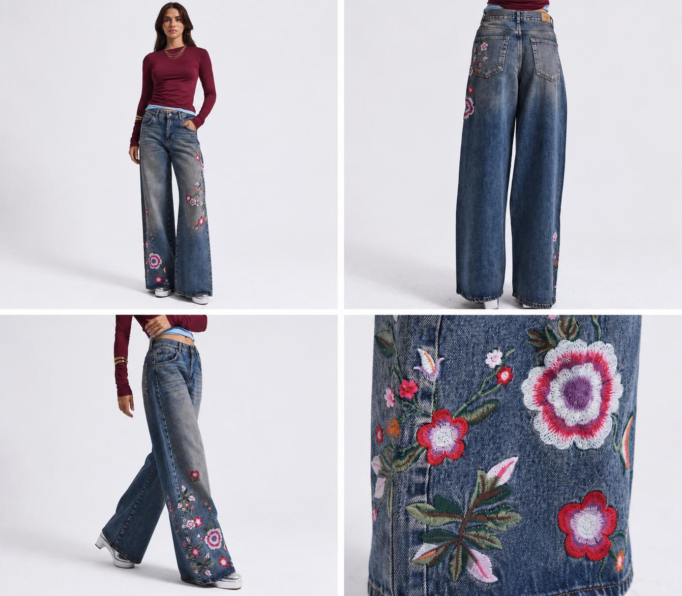 Women’s Dark Wash Floral Embroidered Jeans - Image 2